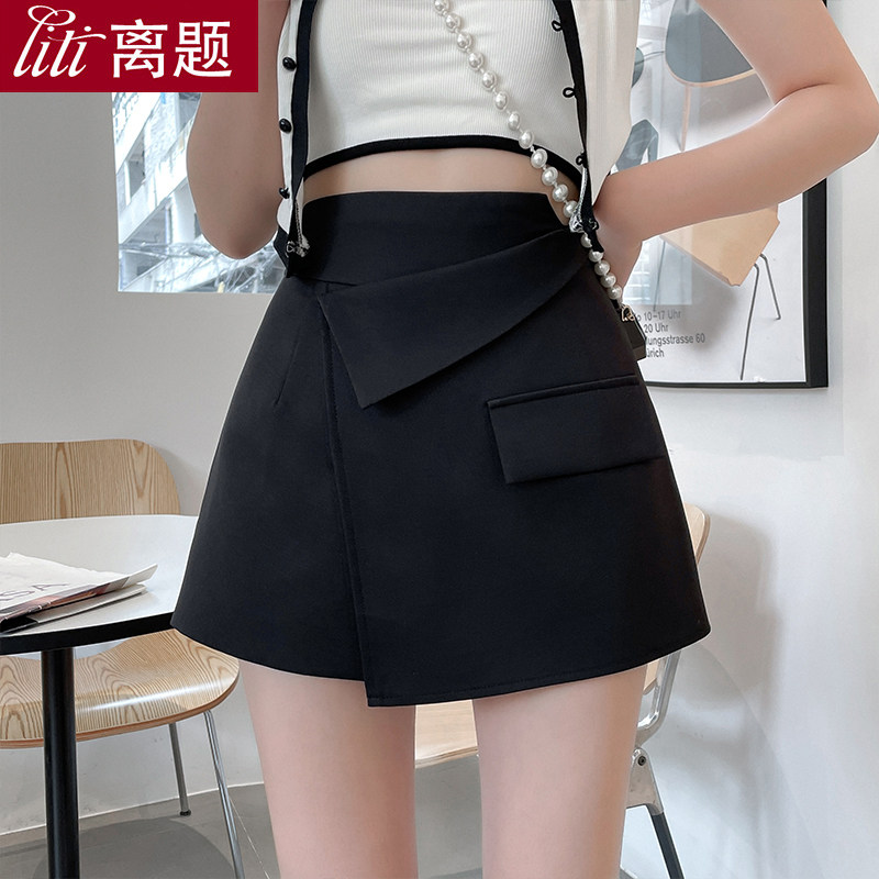 2022新款高腰雪纺黑色短裤女外穿显瘦不规则假两件阔腿休闲裙裤夏