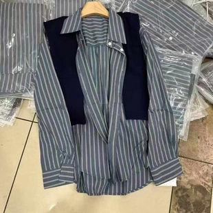 女宽松显瘦百搭上衣潮 2025春季 新款 时尚 翻领条纹拼接针织披肩衬衫
