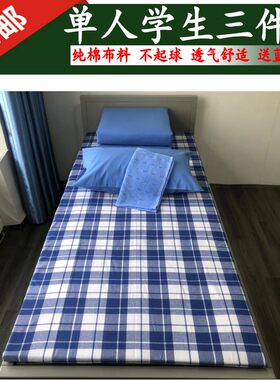 学生靠蓝色全棉三件套蓝白格床单