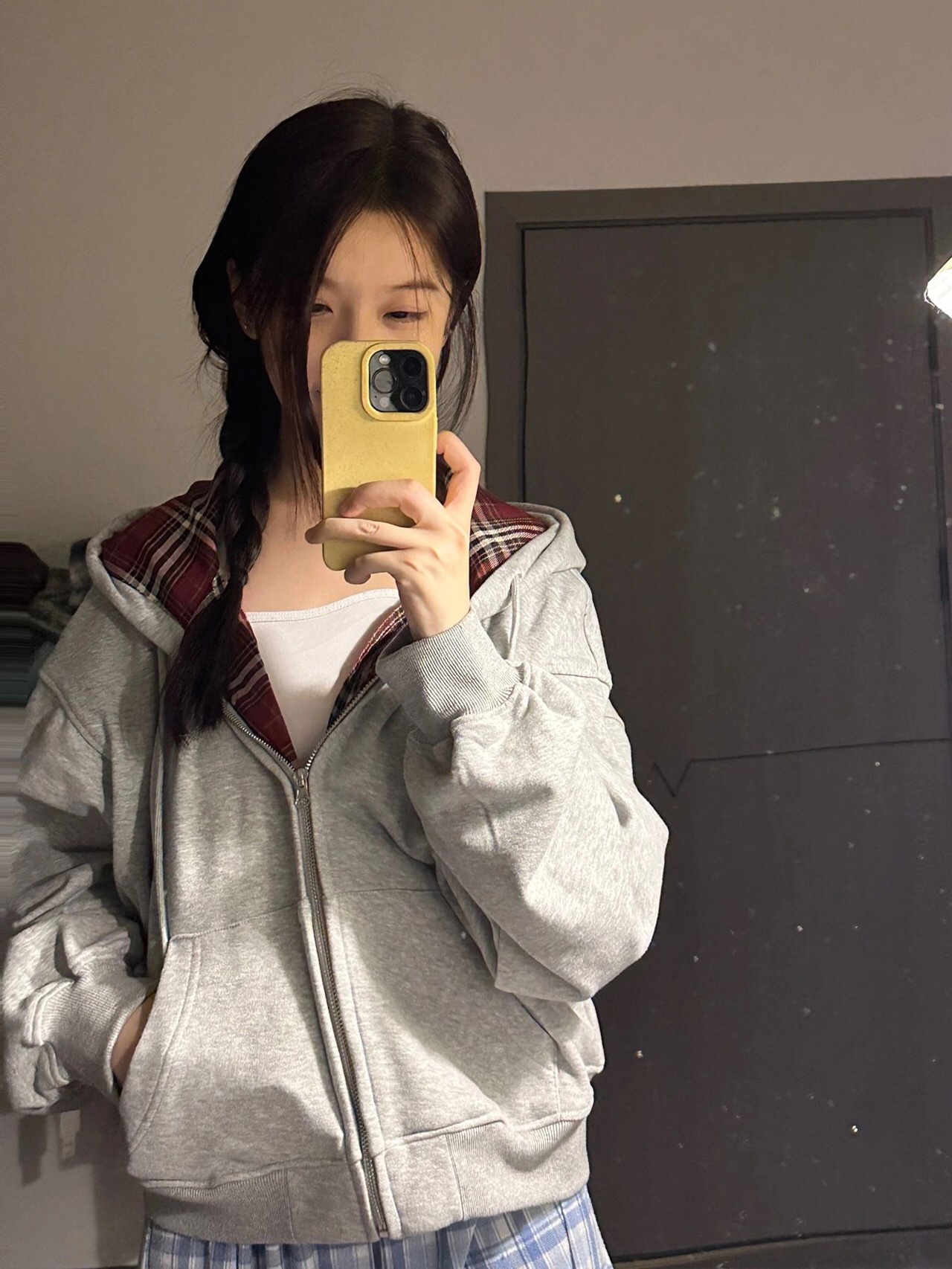 灰色连帽卫衣女秋冬季撞色格纹里布短款长袖拉链开衫外套宽松上衣