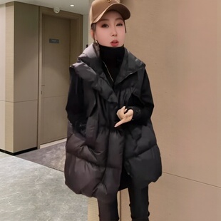 韩版连帽马甲女大码胖妹妹秋季外穿百搭宽松中长款黑色马夹外套潮