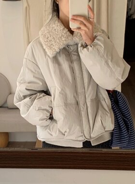 可爱风羊羔毛翻领短款棉服女冬季