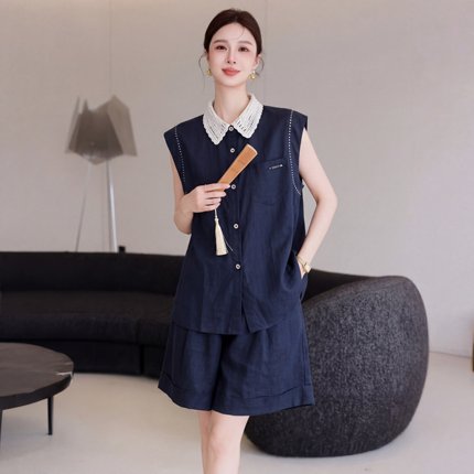 韩版娃娃领无袖衬衫短裤两件套女夏季大码百搭显瘦通勤时尚套装潮