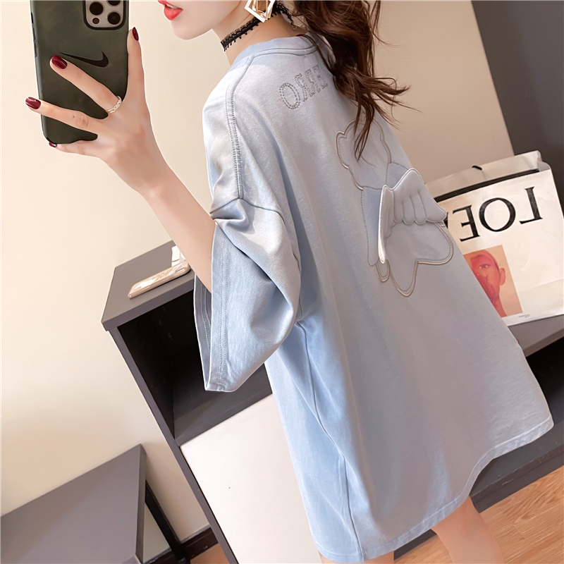 Real time cotton embroidery wings hot drilling summer new fashion short sleeve student lazy printing medium long T-shirt