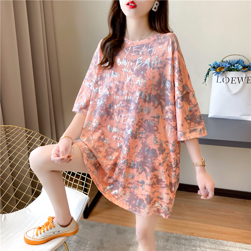 Real shot pure cotton summer loose medium length shiny large short sleeve T-shirt women's net red dress