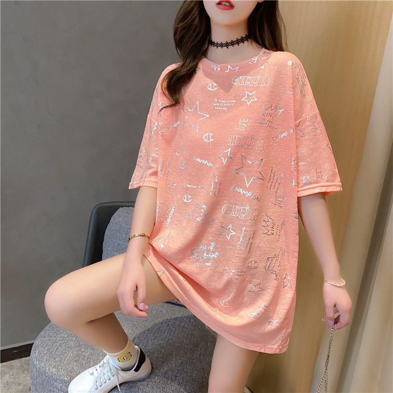 Real shot pure cotton summer loose medium length shiny print large short sleeve T-shirt women's net red dress