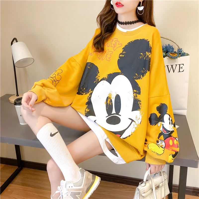 Real shot 2021 Cotton autumn Mickey printing fake two thin sweater women's net red top Korean loose jacket fashion