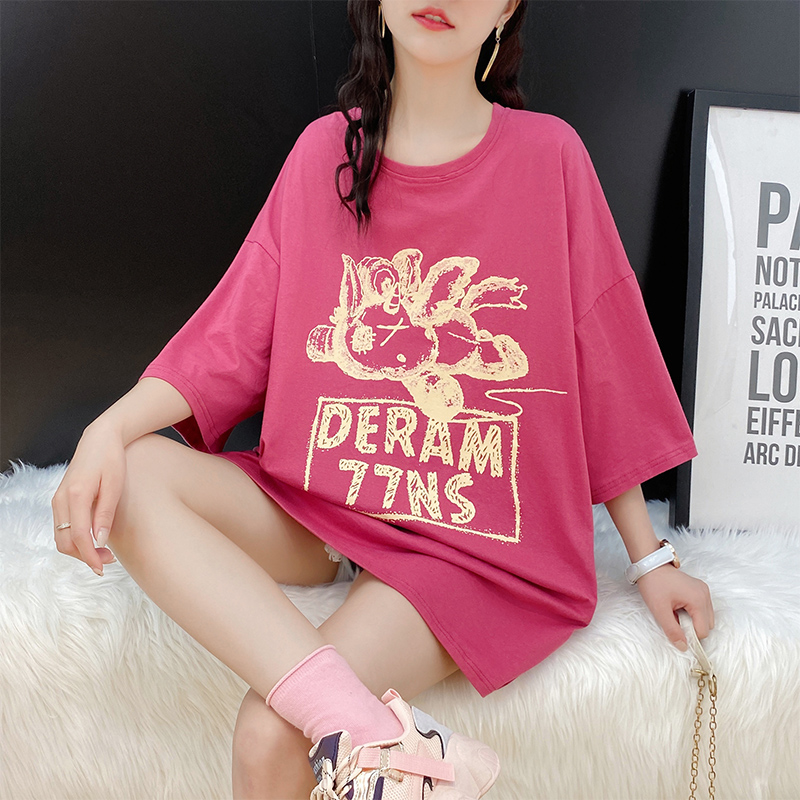 Real shot pure cotton t-shirt female summer new Korean loose short sleeve medium length T-shirt and fashion brand T-shirt