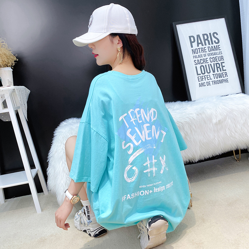 Real shot cotton short sleeve T-shirt women's loose medium length summer Korean BF student half sleeve T-shirt