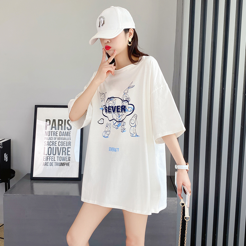 Real shot pure cotton t-shirt female short sleeve Korean loose medium length summer new student fashion clothes