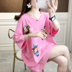 實拍棉質網紅同款短袖t恤女夏2021新款潮韓版中長V領上衣大碼女裝