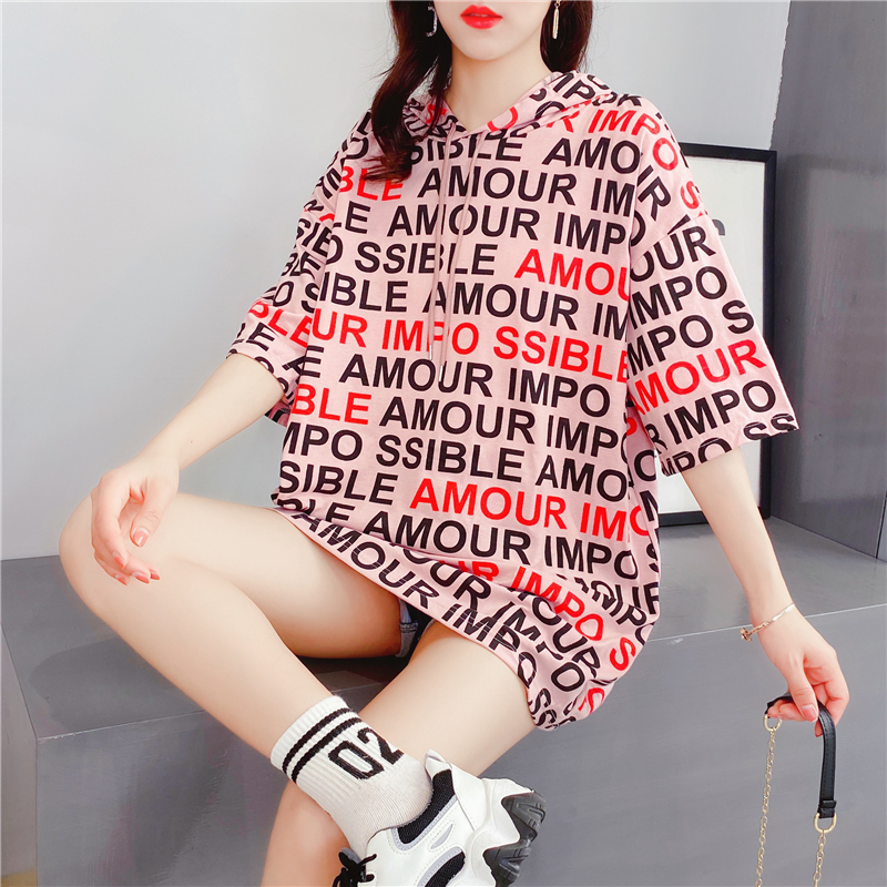 Real shot Cotton Hooded short sleeve T-shirt women's mid long 2021 summer new Korean version ins loose half sleeve lazy style