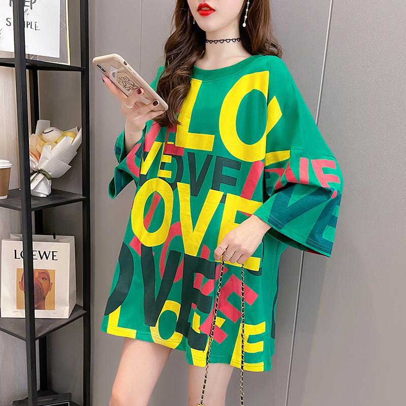 Real shot cotton short sleeve t-shirt female cartoon animation new Korean loose and versatile top Western style medium sleeve T-shirt