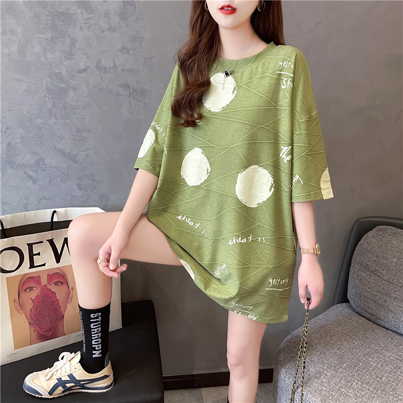 Real shot cotton summer loose medium length front and back printed large short sleeve T-shirt women's net red dress