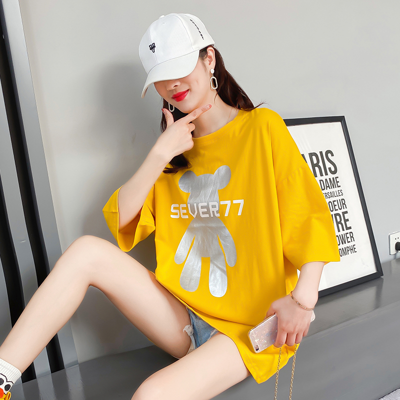 Original real shot cotton short sleeve t-shirt female cub loose medium length Korean 2021 summer new student fashion