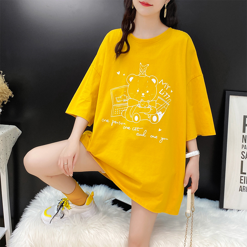 Real shooting pure cotton T-shirt women's loose medium long short sleeve Korean summer new ins tide brand student T-shirt