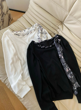 25早秋新款韩版慵懒氛围感斜肩飘带长袖罩衫开版绑带印花上衣女