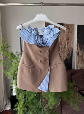 25早秋新款韩版小众设计感立体花朵拼接条纹假两件无袖马甲上衣女