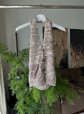 2025春夏新款open辣妹风挂脖口袋修身V领针织背心马甲女yy