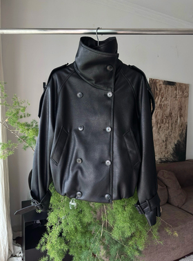 25秋冬复古双排扣进口羊皮飞行员夹克真皮皮衣外套女宋佳rose同款