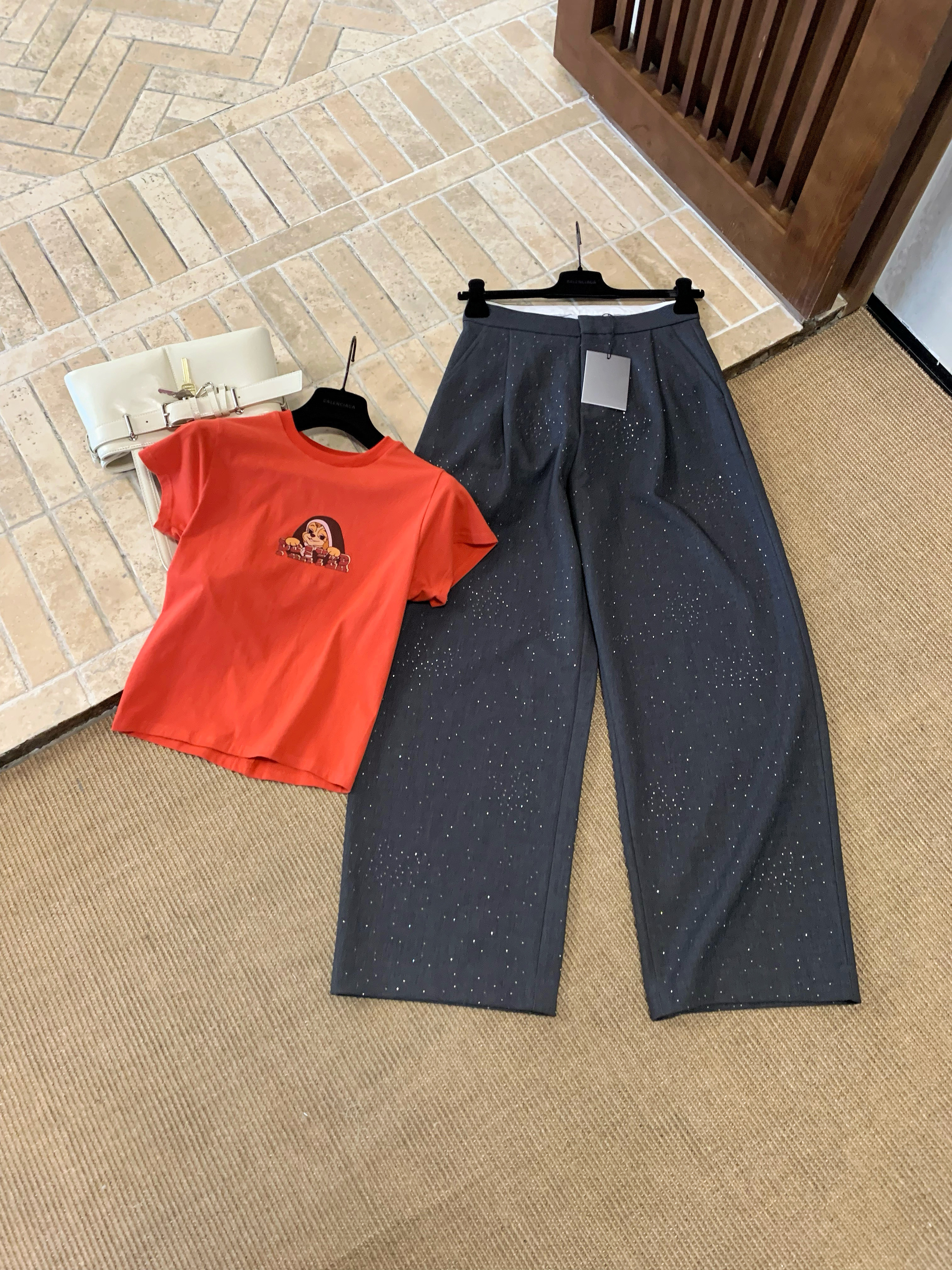 25秋新款ANN极简主义镶钻休闲裤女宽松显瘦百搭直筒长裤明星同款