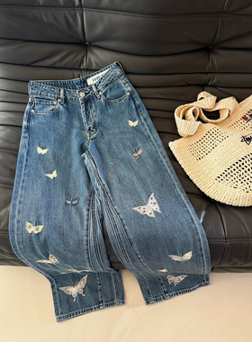 Asako 2025春夏新款檀健次同款蝴蝶刺绣牛仔裤女宽松显瘦直筒裤