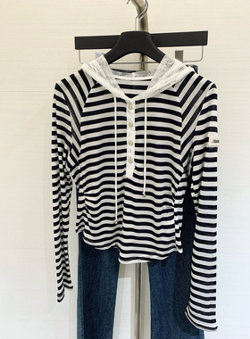 25春夏新款JIL拼接蕾丝条纹长袖防晒连帽针织衫女显瘦百搭上衣