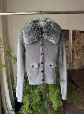 2025冬新款小众设计复古羊毛针织开衫狐狸毛领皮草外套女上衣