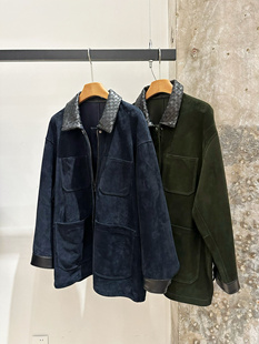 25早秋新款 皮衣外套女 小众设计复古翻领编织宽松休中长闲百搭长袖