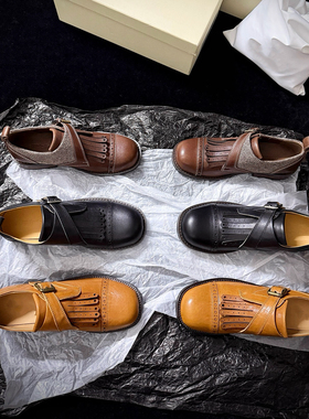 25早秋新款复古unfol*小众流苏英伦风圆头平底乐福鞋女百搭牛皮鞋