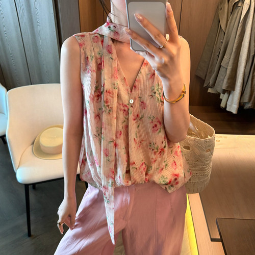 法式碎花飘带V领衬衫女欧洲站潮