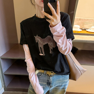 小马印花假两件磨毛T恤女欧洲站2025冬装新款欧货女装打底小衫潮