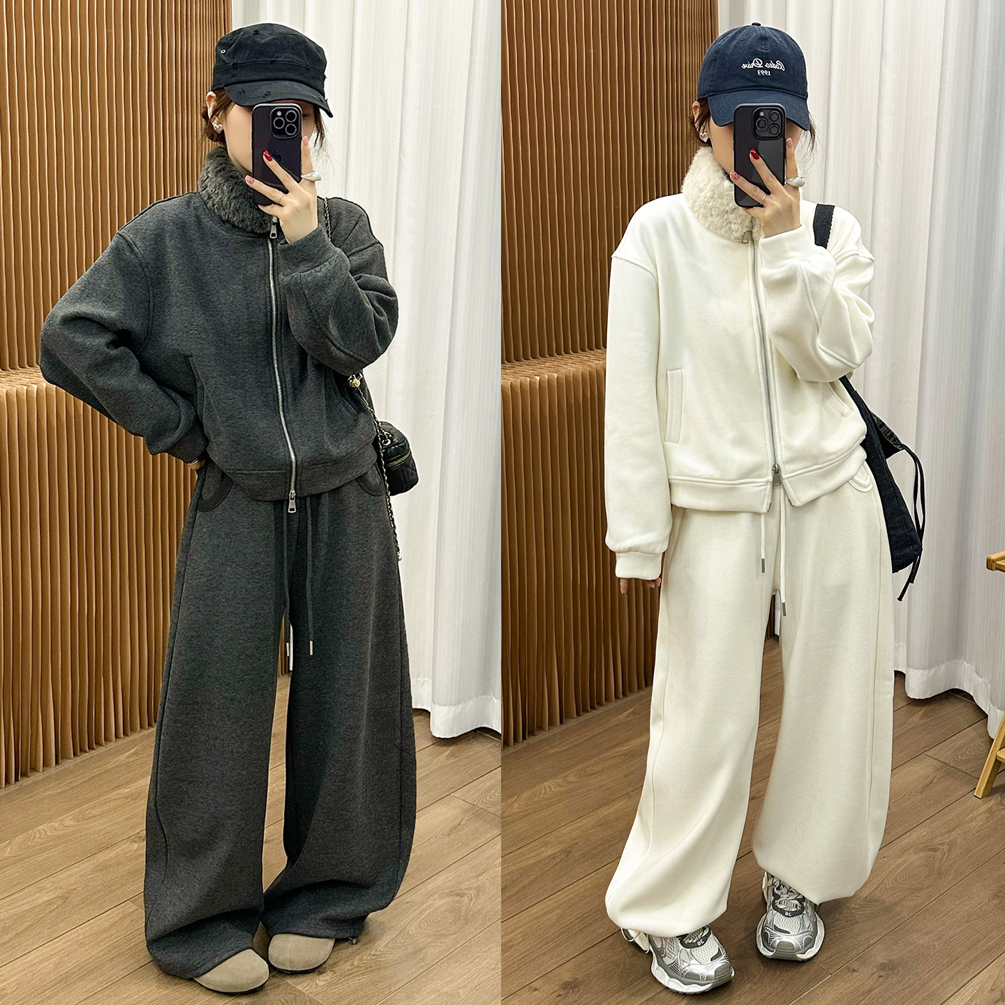 复古毛领加绒卫衣阔腿裤两件套装