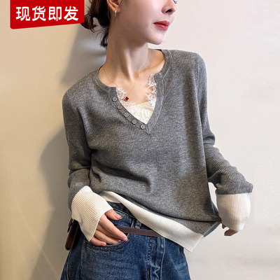假两件蕾丝羊毛针织衫女欧货打底