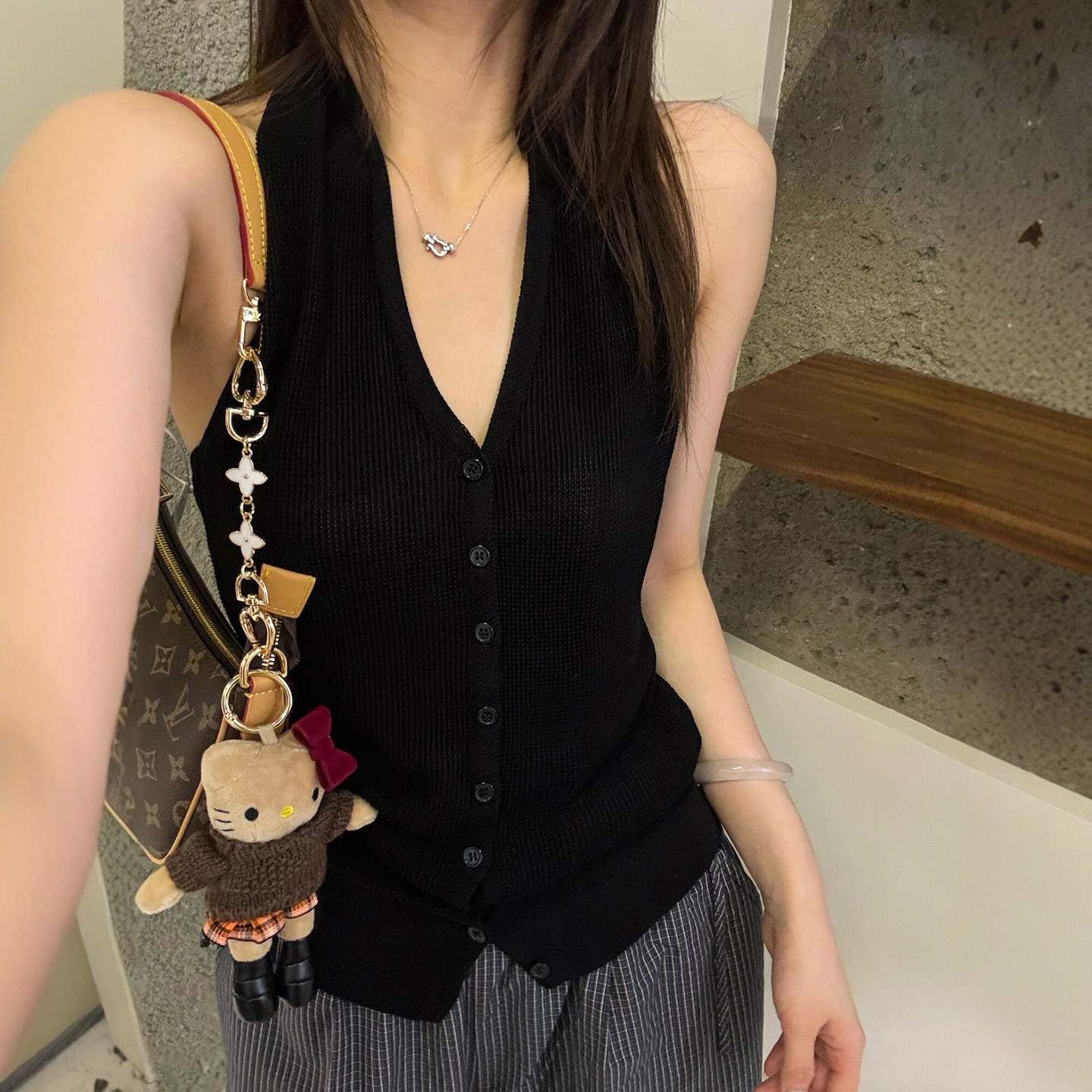 复古V领冰丝针织开衫女欧洲站潮
