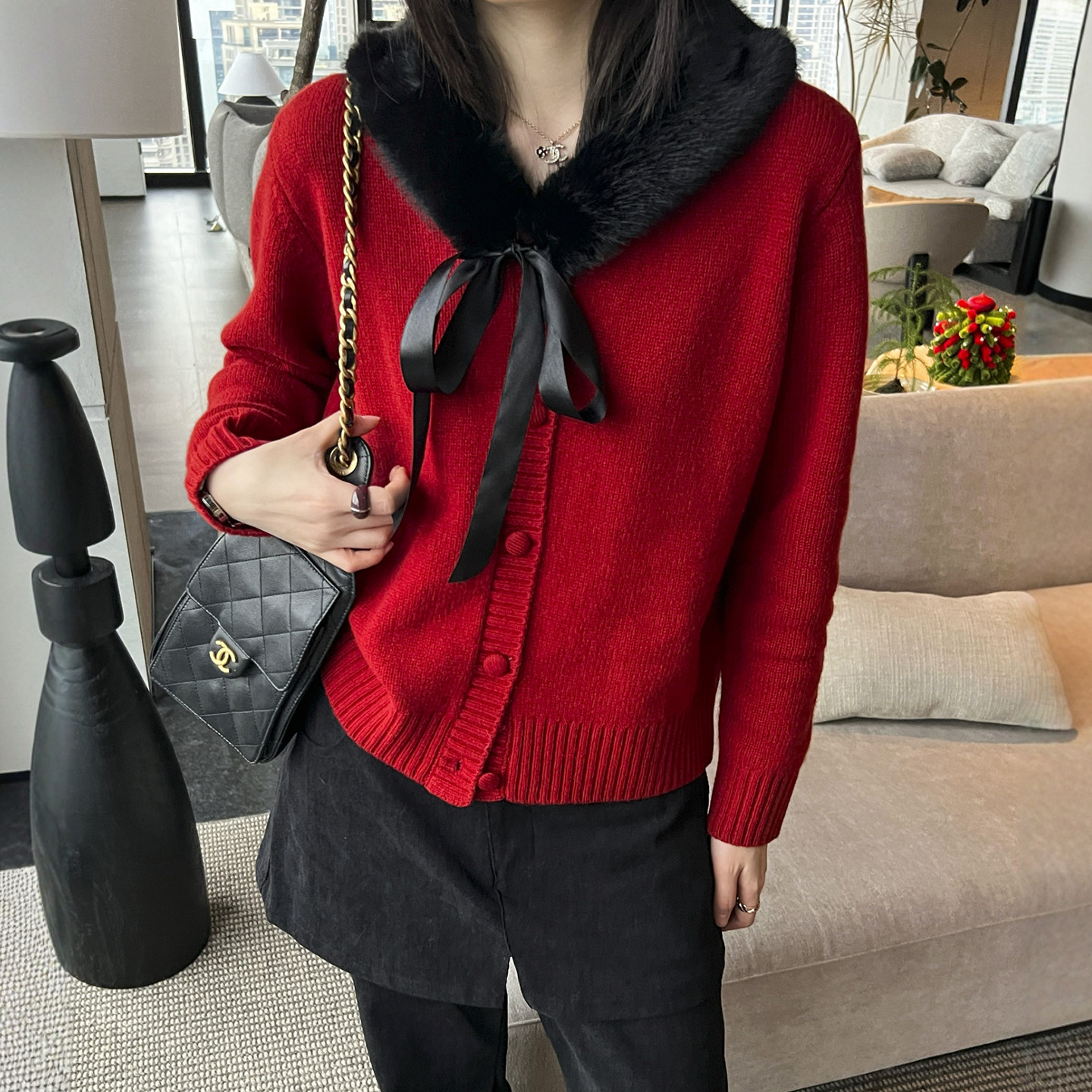 配毛领山羊绒针织开衫女欧货上衣