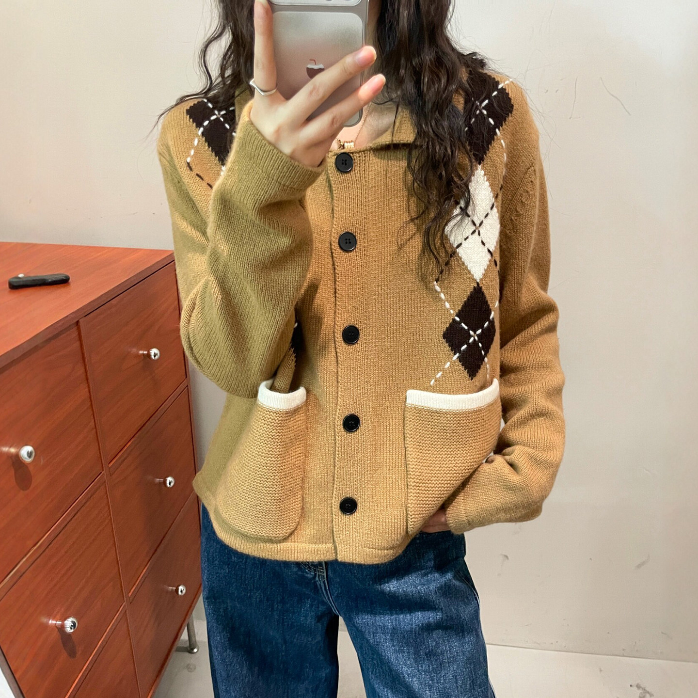 100%羊毛菱形格针织开衫女欧洲站