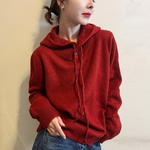 细羊毛连帽羊绒针织衫女欧货打底