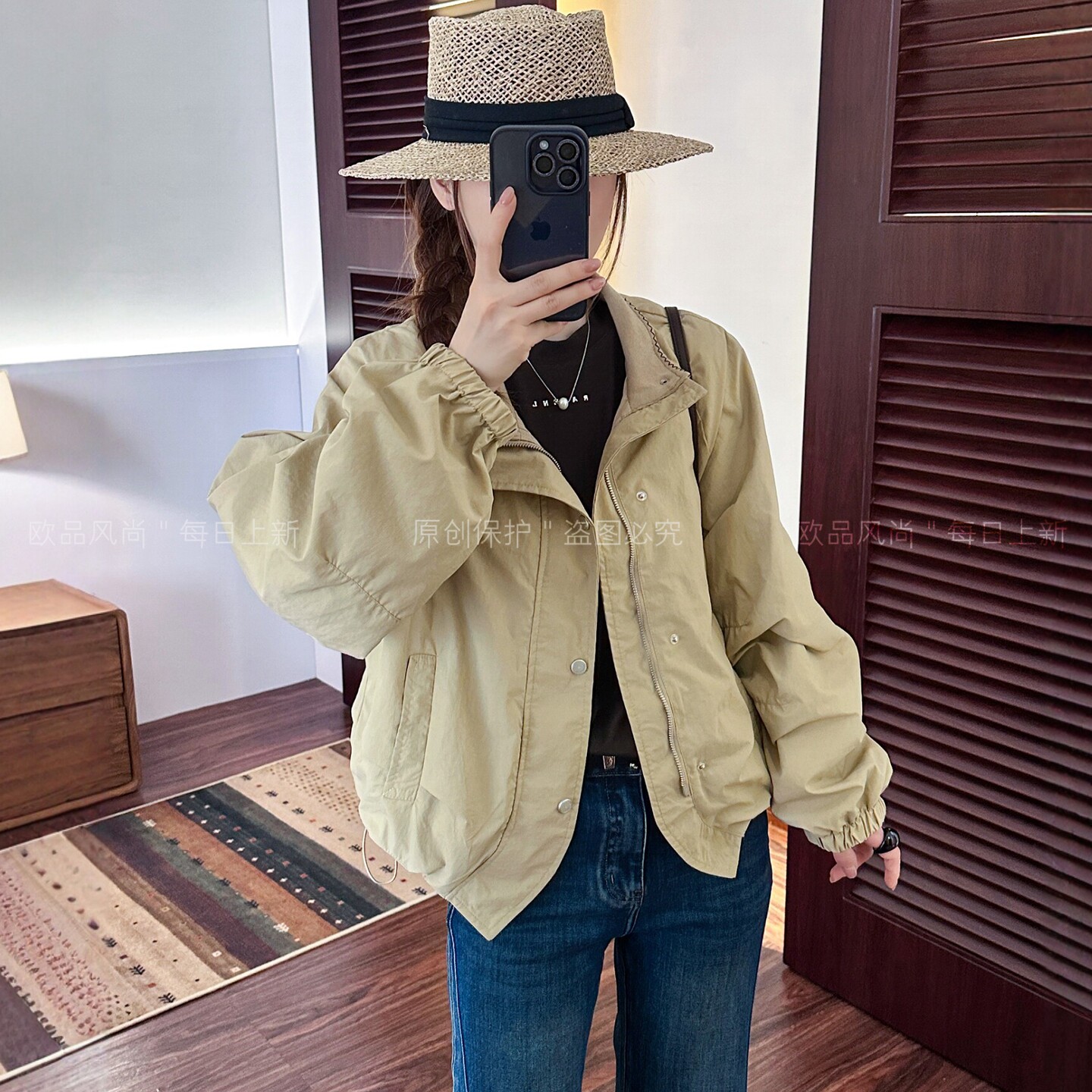 下摆抽绳立领棒球服外套女欧洲站