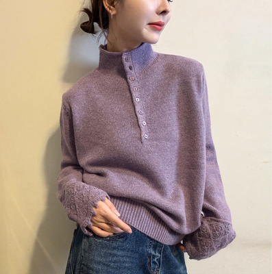 蕾丝钩花半高领羊毛针织衫女欧货