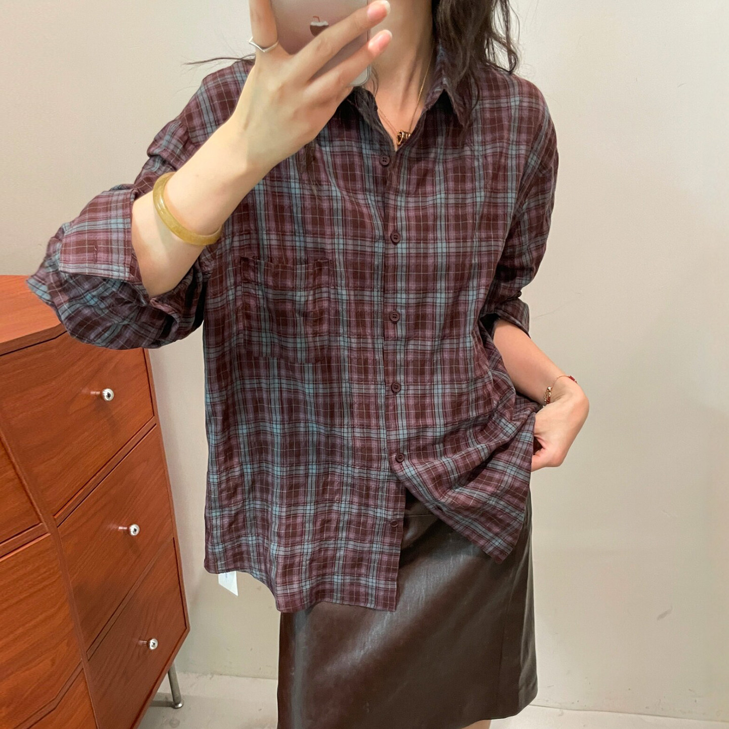 撞色格子POLO领衬衫女欧洲站上衣