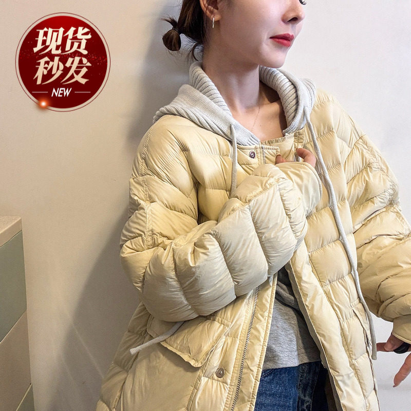 针织连帽排骨羽绒服女欧洲站2025冬装新款欧货女装中长款面包服潮