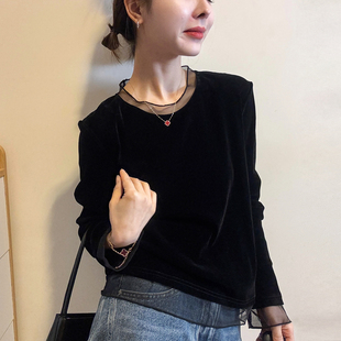 打底小衫 网纱拼接金丝绒T恤女欧洲站2026春装 时尚 欧货女装 潮 新款