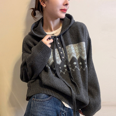 复古提花连帽羊毛针织衫女欧洲站