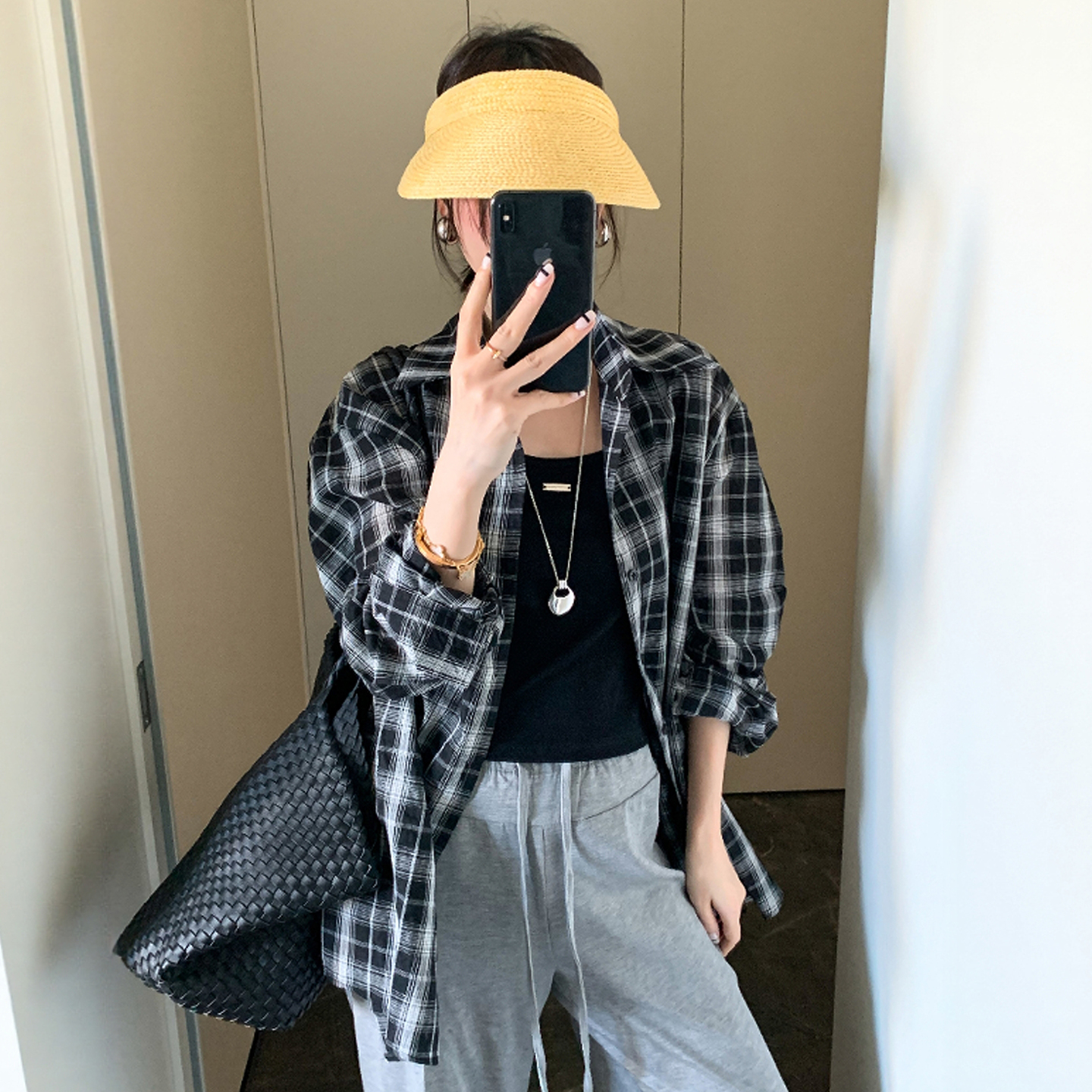 撞色格子衬衫吊带背心两件套上衣女欧洲站2025夏装新款欧货女装潮