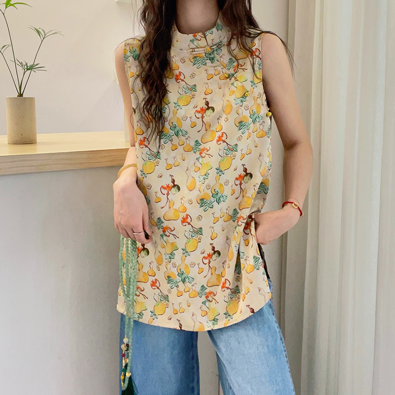 新中式盘扣印花衬衫女欧洲站2025夏装新款欧货女装无袖国风上衣潮