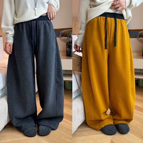 撞色拖地加绒弯刀阔腿裤女欧洲站