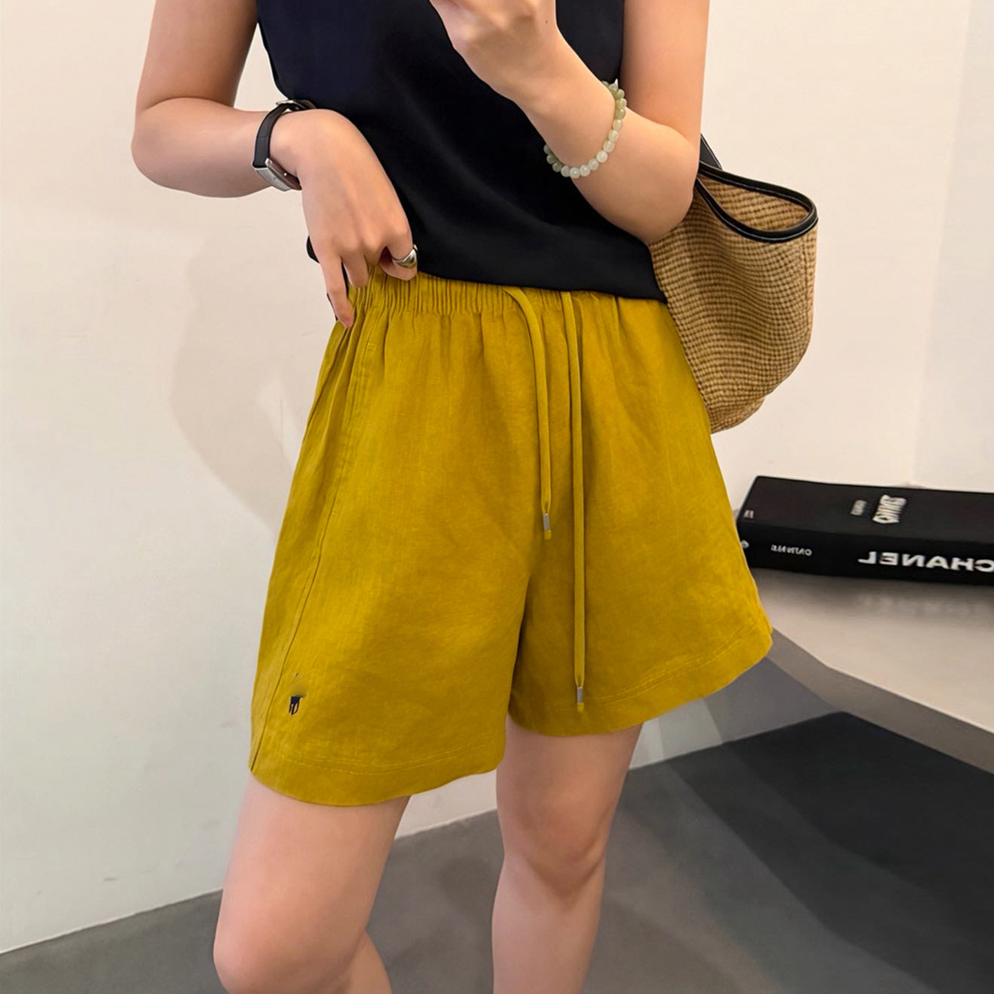 抽绳系带麻料阔腿短裤女欧洲站潮