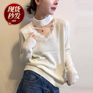 女欧洲站2025冬装 打底衫 新款 时尚 潮 欧货女装 蕾丝挂脖细羊毛针织衫