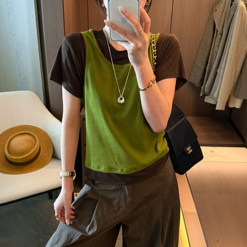 假两件拼接短袖T恤女欧洲站上衣